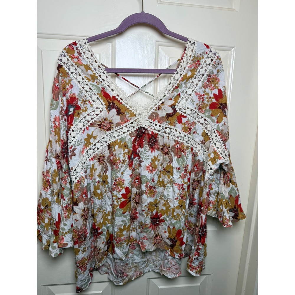 Umgee Floral Boho Blouse Crochet Lace V-Neck Bell Sleeve Top